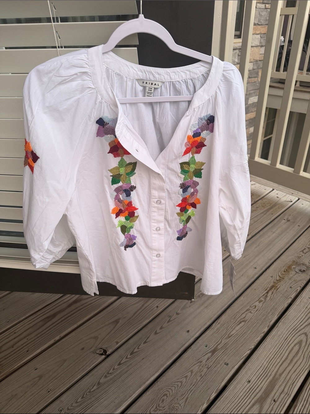 Tribal White Button-Front Blouse with Multicolor Floral Embroidery